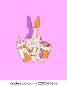 Cute Easter bunny with glazed cakes and egg. Illustration for the decoration of the spring holiday Easter. Religious symbol of the rebirth of life after death. Vector illustration.