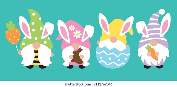 Cute Easter bunny gnomes with carrot, chocolate bunny, and Easter egg vector illustration.