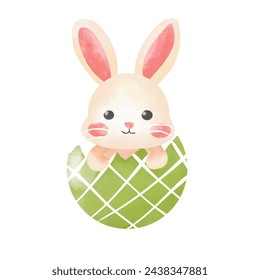 Cute Easter bunny in green cracked egg shell . Hand drawn watercolor illustration.