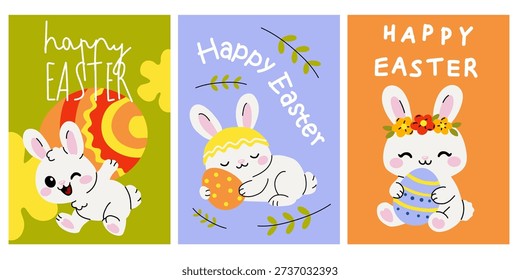 Cute Easter Bunny Greeting Card Set with Eggs