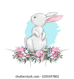 Cute easter bunny. Hand drawn vector rabbit illustration. Cartoon hare character spring background