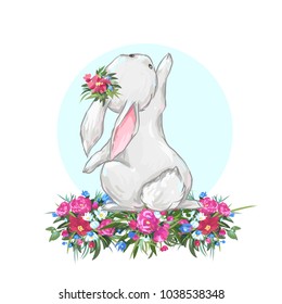 Cute easter bunny. Hand drawn vector rabbit illustration. Cartoon hare character spring background