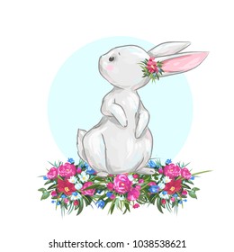 Cute easter bunny. Hand drawn vector rabbit illustration. Cartoon hare character spring background