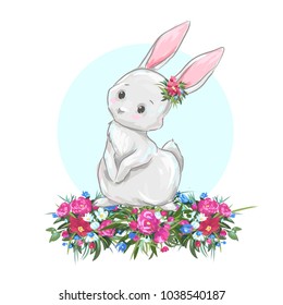 Cute easter bunny. Hand drawn vector rabbit illustration. Cartoon hare character spring background