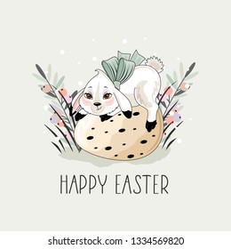 Cute Easter Bunny with a hand-drawn phrase "Happy Easter".Calligraphy brush for invitation and greeting card.