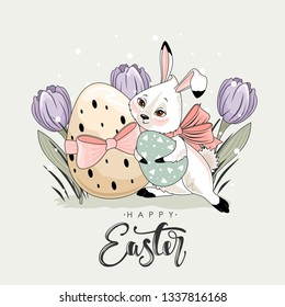 Cute Easter Bunny with a hand-drawn phrase "Happy Easter".Calligraphy brush for invitation and greeting card.