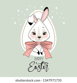 Cute Easter Bunny with a hand-drawn phrase "Happy Easter".Calligraphy brush for invitation and greeting card.