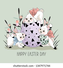 Conejito de Pascua con una frase hecha a mano "Feliz Pascua".Pincel caligráfico para invitación y tarjeta de saludo.