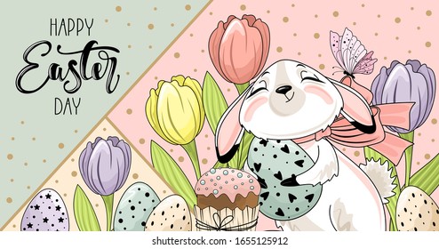 Cute Easter Bunny with a hand-drawn phrase "Happy Easter". Easter eggs, branches with leaves,
 flowers. Calligraphy brush for invitation and greeting card.