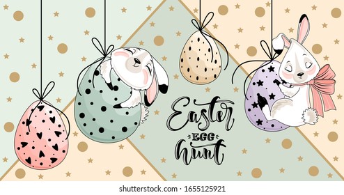 Cute Easter Bunny with a hand-drawn phrase "Happy Easter". Easter eggs, branches with leaves,
 flowers. Calligraphy brush for invitation and greeting card.