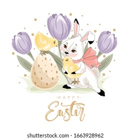 Cute Easter Bunny with a hand-drawn phrase "Happy Easter". Easter eggs, branches with leaves,
 flowers. Calligraphy brush for invitation and greeting card.
