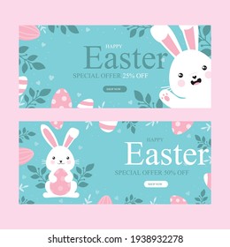 Cute Easter Bunny with a hand-drawn phrase Happy Easter . Easter eggs, branches with leaves, flowers. Calligraphy brush for invitation and greeting card.