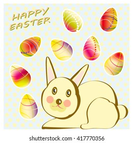 Cute easter bunny for Happy Easter celebration and eggs decorated background.
