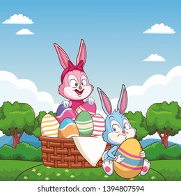 Cute easter bunny happy friends egg basket nature background trees