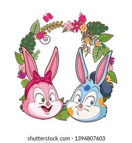 Cute easter bunny happy friends portrait floral wreath round frame