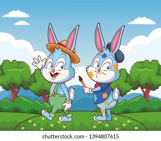 Cute easter bunny happy friends artist nature background trees
