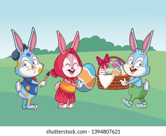 Cute easter bunny happy friends nature background bushes