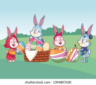 Cute easter bunny happy friends nature background bushes