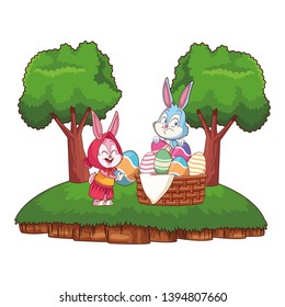 Cute easter bunny happy friends nature background frame trees