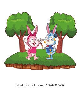 Cute easter bunny happy friends nature background frame trees