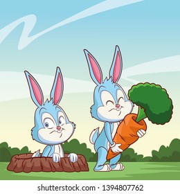 Cute easter bunny happy friends rabbit hole nature background bushes