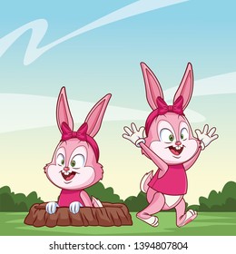 Cute easter bunny happy friends rabbit hole nature background bushes