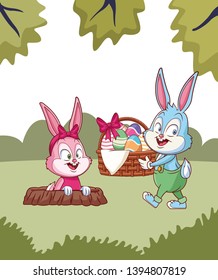 Cute easter bunny happy friends rabbit hole spring nature background trees