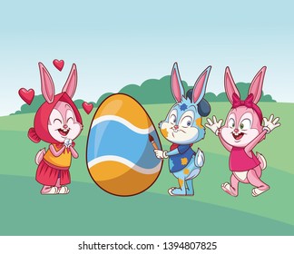 Cute easter bunny happy friends nature background bushes