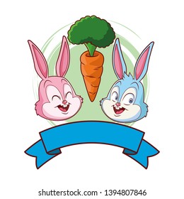 Cute easter bunny happy friends portrait with carrot round frame ribbon banner