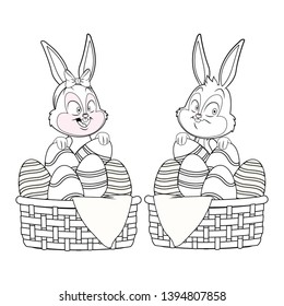 Cute easter bunny happy friends egg baskets black and white