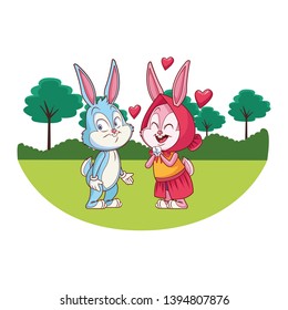 Cute easter bunny happy friends nature trees background round frame