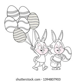 Cute easter bunny happy friends egg ballons black and white