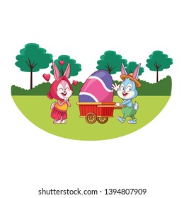 Cute easter bunny happy friends nature trees background round frame