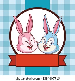 Cute easter bunny happy friends portrait checkered background round frame ribbon banner
