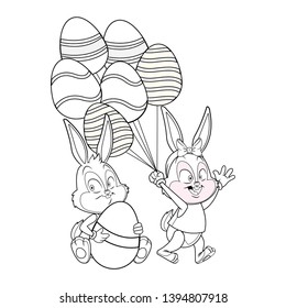 Cute easter bunny happy friends egg ballons black and white