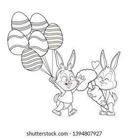 Cute easter bunny happy friends egg ballons black and white