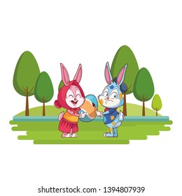 Cute easter bunny happy friends artist nature background trees
