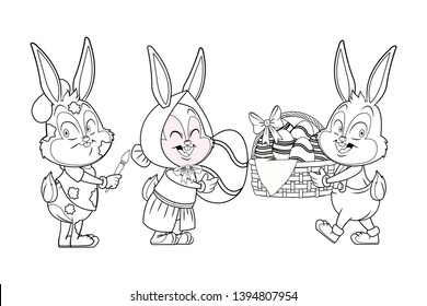 Cute easter bunny happy friends black and white