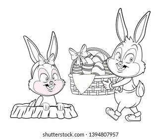 Cute easter bunny happy friends rabbit hole black and white