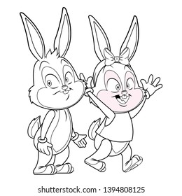 Cute easter bunny happy friends black and white