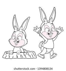 Cute easter bunny happy friends rabbit hole black and white