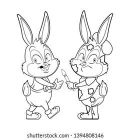 Cute easter bunny happy friends artist black and white
