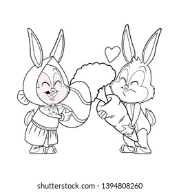 Cute easter bunny happy friends black and white