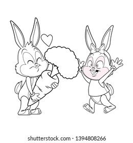 Cute easter bunny happy friends with carrot black and white