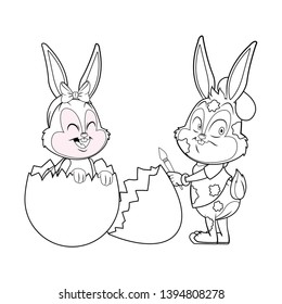 Cute easter bunny happy friends artist black and white