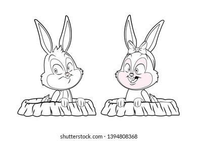 Cute easter bunny happy friends rabbit hole black and white