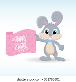 Cute easter bunny with Happy Easter greetings. Handwritten inscription Happy Easter. Happy Easter lettering. Happy Easter symbol. Vector illustration.