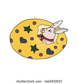 Cute easter bunny hatched from easter painted egg. Hand drawn vector. Bright illustration isolated on white background.
