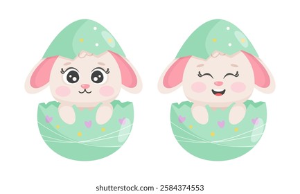 Cute easter bunny hatching from decorated egg. Open-eyed and closed-eyed rabbit. Spring holiday illustration