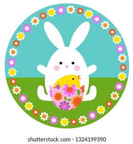 cute Easter bunny and hatching egg on circle with floral frame
